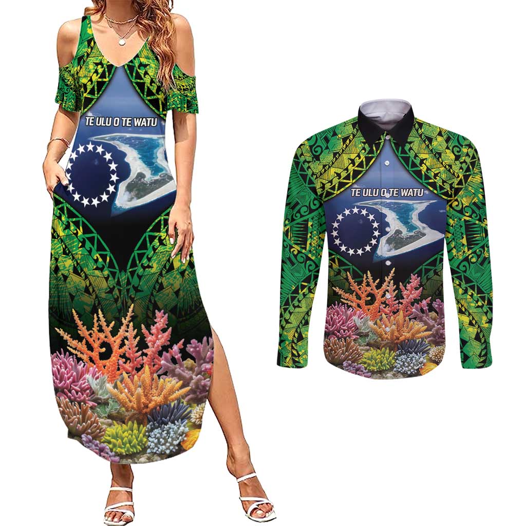 Te Ulu o te Watu Cook Islands Atoll Personalised Couples Matching Summer Maxi Dress and Long Sleeve Button Shirt Pukapuka Map with Pacific Coral Reef Green Vibe