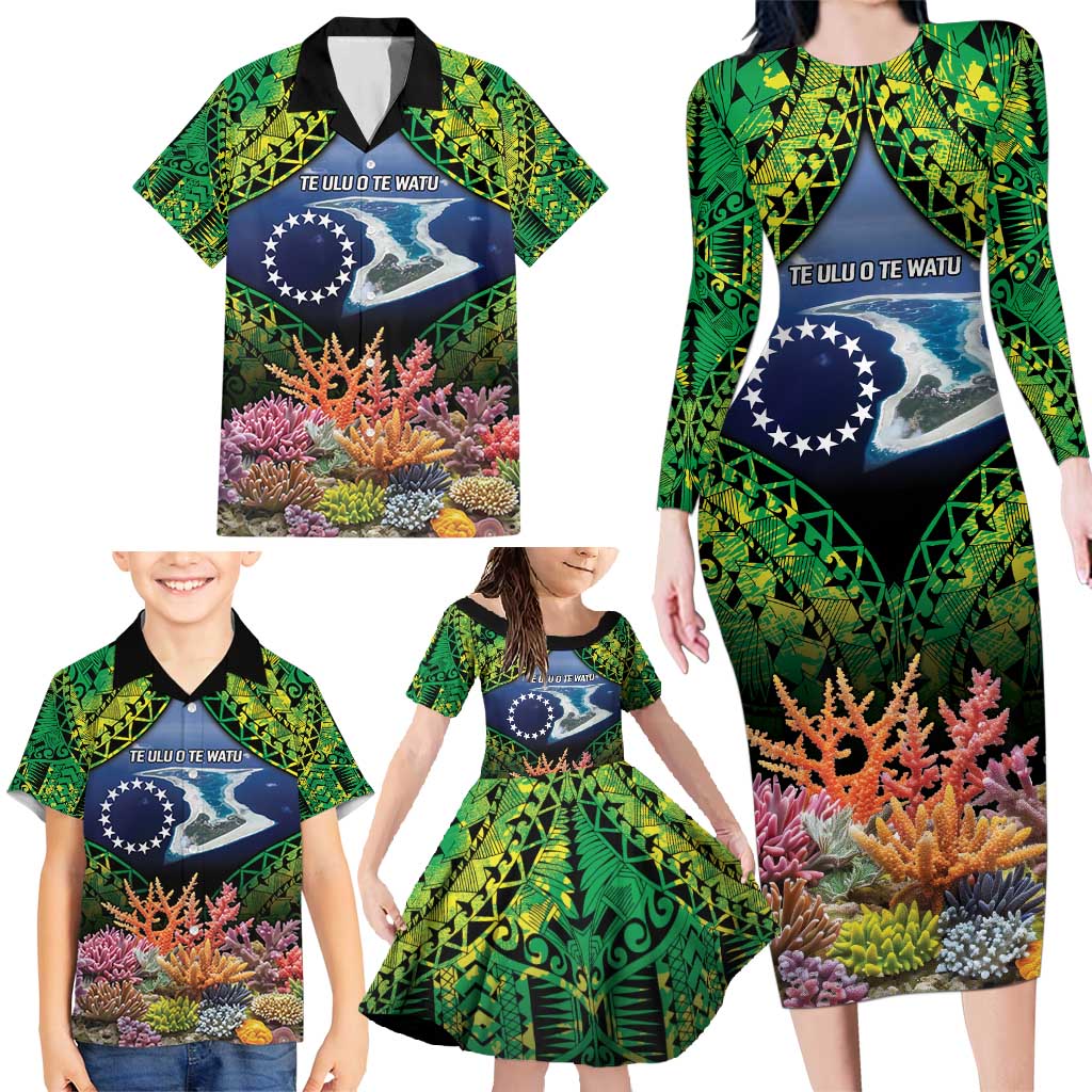 Te Ulu o te Watu Cook Islands Atoll Personalised Family Matching Long Sleeve Bodycon Dress and Hawaiian Shirt Pukapuka Map with Pacific Coral Reef Green Vibe