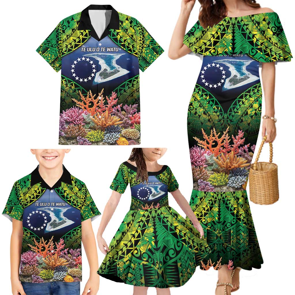 Te Ulu o te Watu Cook Islands Atoll Personalised Family Matching Mermaid Dress and Hawaiian Shirt Pukapuka Map with Pacific Coral Reef Green Vibe