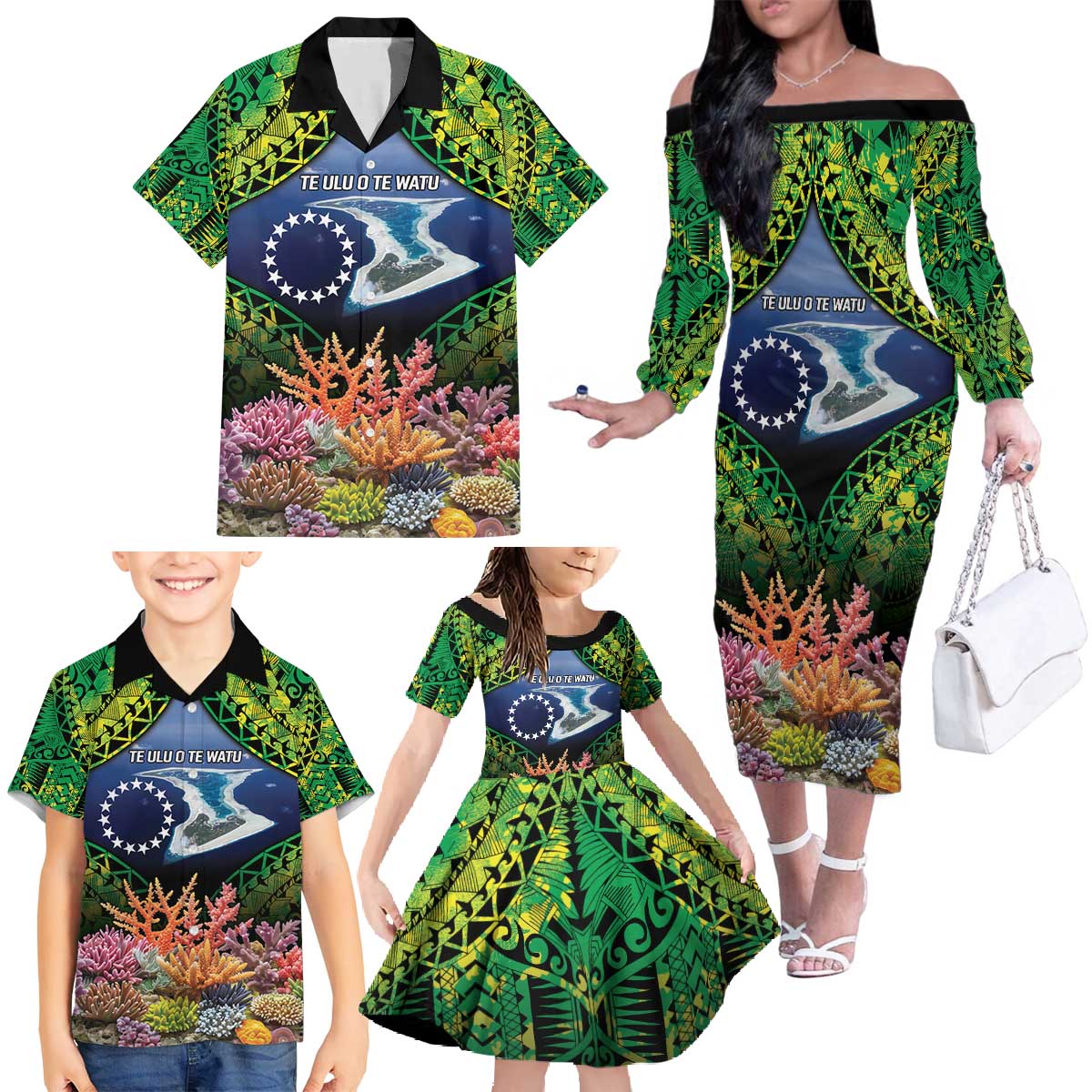 Te Ulu o te Watu Cook Islands Atoll Personalised Family Matching Off The Shoulder Long Sleeve Dress and Hawaiian Shirt Pukapuka Map with Pacific Coral Reef Green Vibe