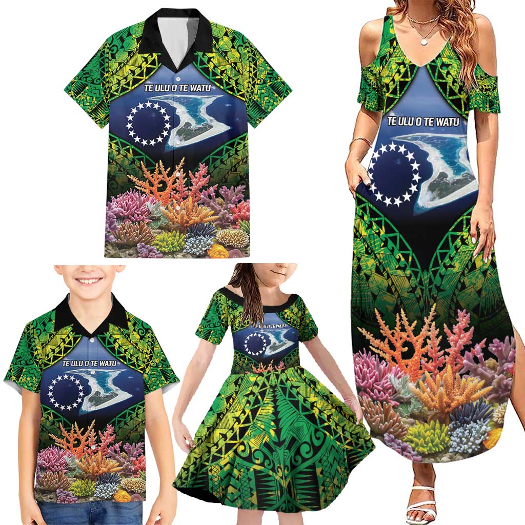 Te Ulu o te Watu Cook Islands Atoll Personalised Family Matching Summer Maxi Dress and Hawaiian Shirt Pukapuka Map with Pacific Coral Reef Green Vibe