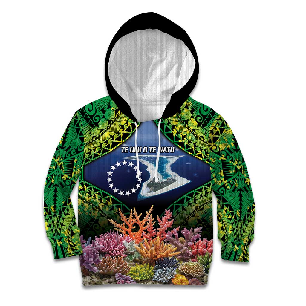 Te Ulu o te Watu Cook Islands Atoll Personalised Kid Hoodie Pukapuka Map with Pacific Coral Reef Green Vibe