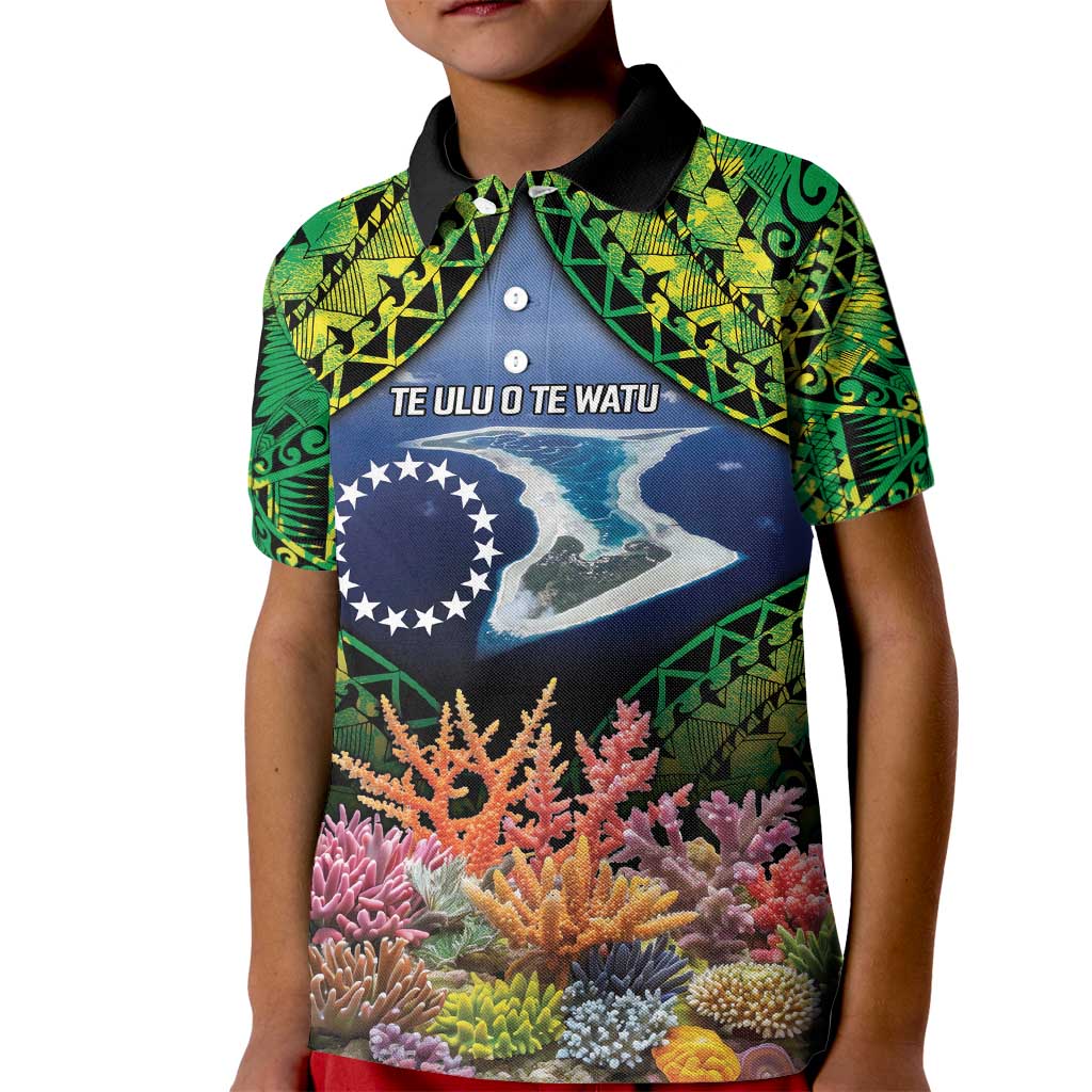 Te Ulu o te Watu Cook Islands Atoll Personalised Kid Polo Shirt Pukapuka Map with Pacific Coral Reef Green Vibe