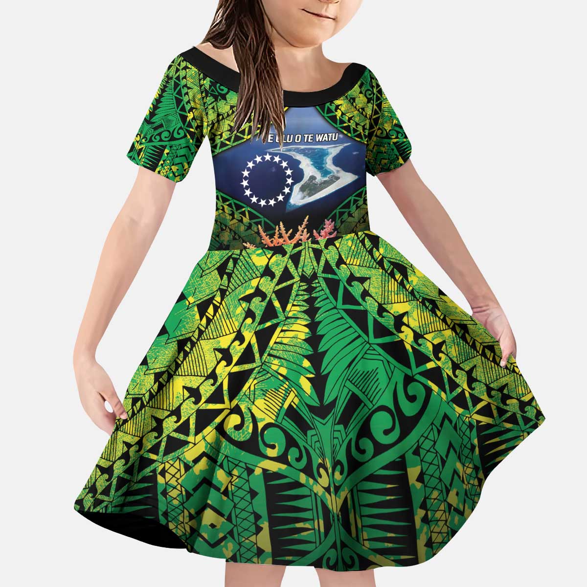 Te Ulu o te Watu Cook Islands Atoll Personalised Kid Short Sleeve Dress Pukapuka Map with Pacific Coral Reef Green Vibe