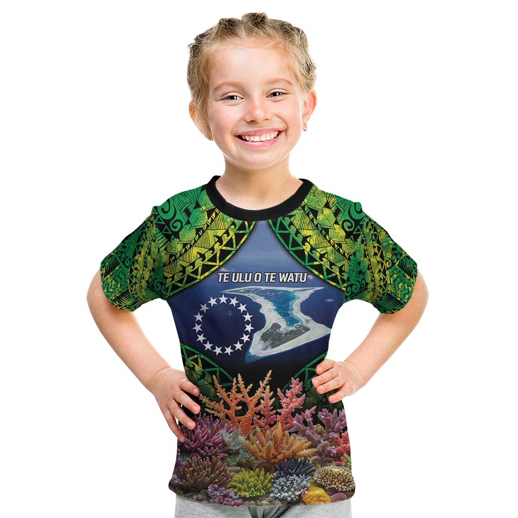 Te Ulu o te Watu Cook Islands Atoll Personalised Kid T Shirt Pukapuka Map with Pacific Coral Reef Green Vibe