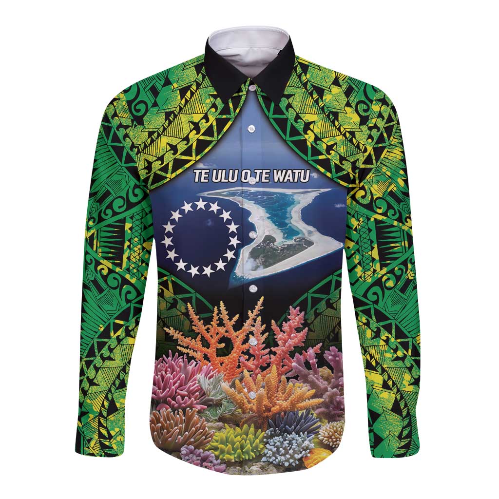 Te Ulu o te Watu Cook Islands Atoll Personalised Long Sleeve Button Shirt Pukapuka Map with Pacific Coral Reef Green Vibe