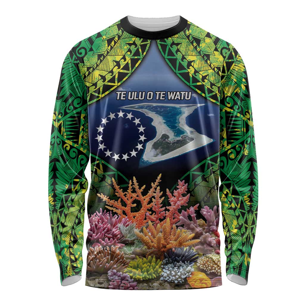 Te Ulu o te Watu Cook Islands Atoll Personalised Long Sleeve Shirt Pukapuka Map with Pacific Coral Reef Green Vibe