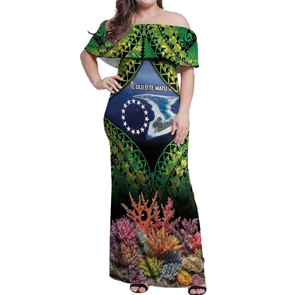 Te Ulu o te Watu Cook Islands Atoll Personalised Off Shoulder Maxi Dress Pukapuka Map with Pacific Coral Reef Green Vibe