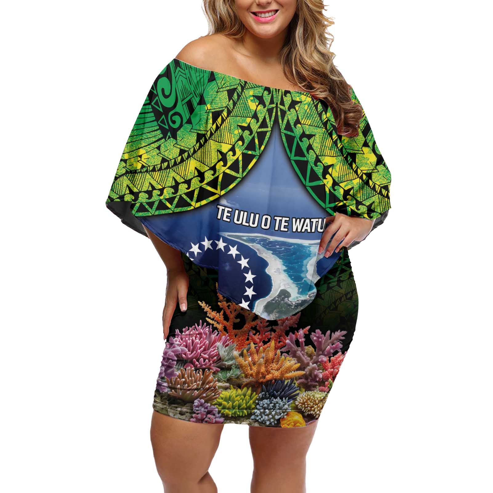 Te Ulu o te Watu Cook Islands Atoll Personalised Off Shoulder Short Dress Pukapuka Map with Pacific Coral Reef Green Vibe