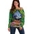 Te Ulu o te Watu Cook Islands Atoll Personalised Off Shoulder Sweater Pukapuka Map with Pacific Coral Reef Green Vibe