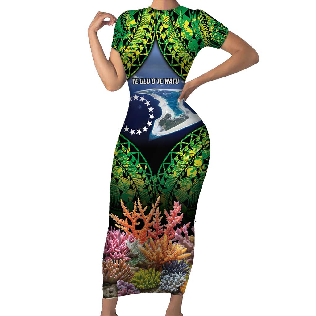 Te Ulu o te Watu Cook Islands Atoll Personalised Short Sleeve Bodycon Dress Pukapuka Map with Pacific Coral Reef Green Vibe