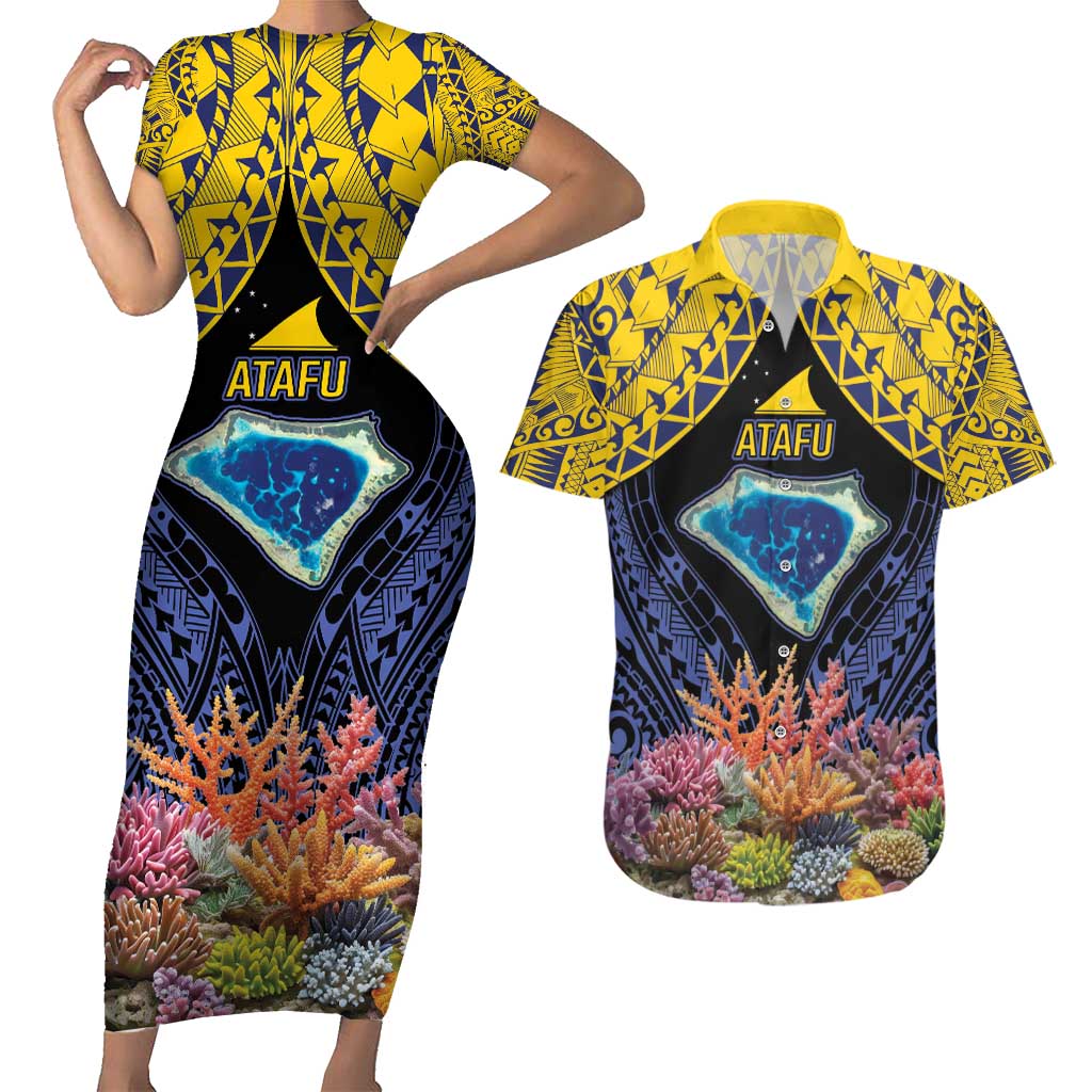 Tokelau Atafu Atoll Personalised Couples Matching Short Sleeve Bodycon Dress and Hawaiian Shirt Pacific Coral Reef Vibe