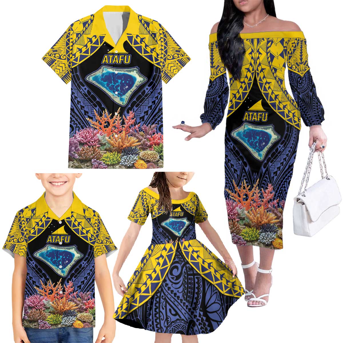 Tokelau Atafu Atoll Personalised Family Matching Off The Shoulder Long Sleeve Dress and Hawaiian Shirt Pacific Coral Reef Vibe