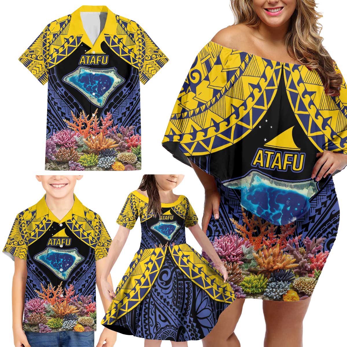 Tokelau Atafu Atoll Personalised Family Matching Off Shoulder Short Dress and Hawaiian Shirt Pacific Coral Reef Vibe