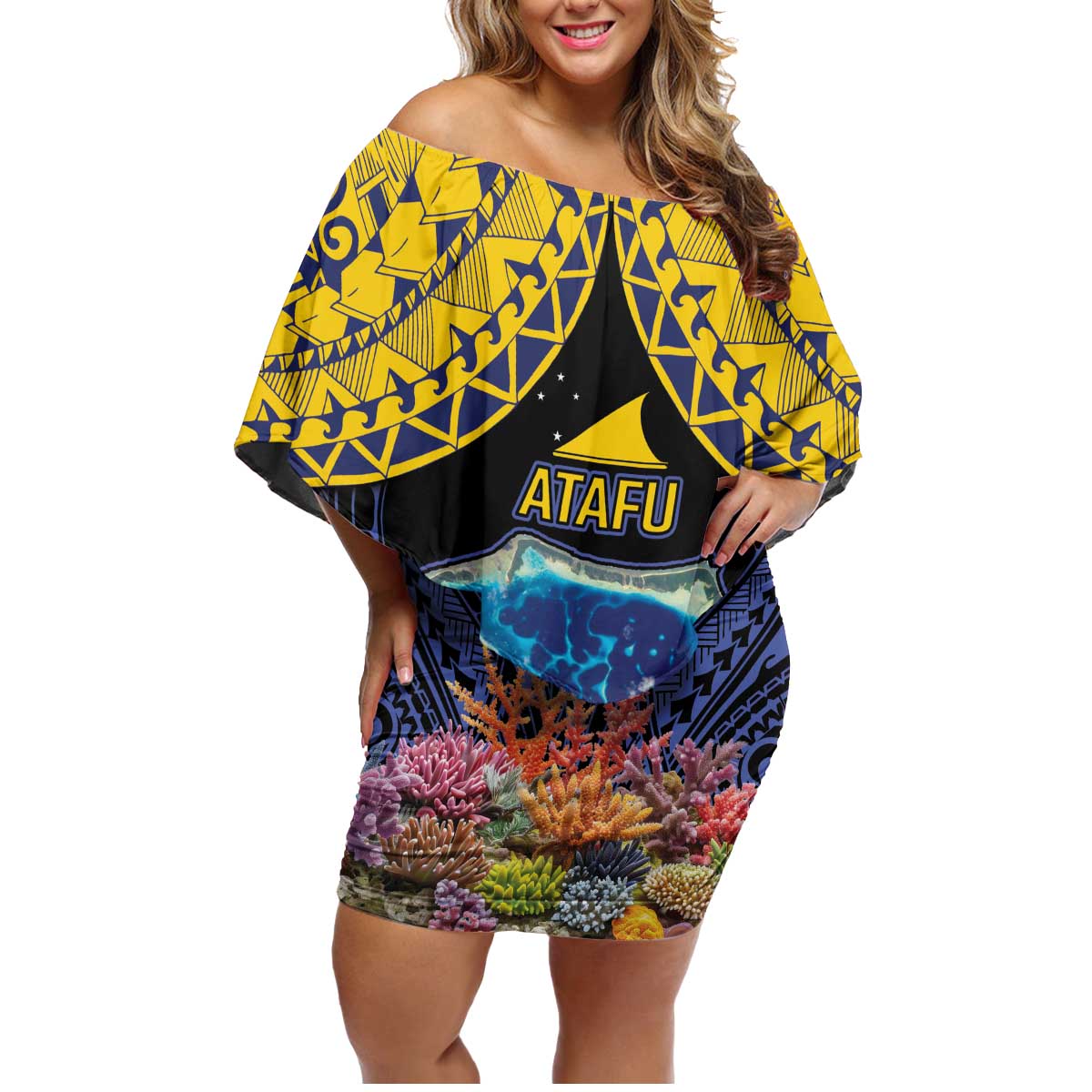 Tokelau Atafu Atoll Personalised Family Matching Off Shoulder Short Dress and Hawaiian Shirt Pacific Coral Reef Vibe