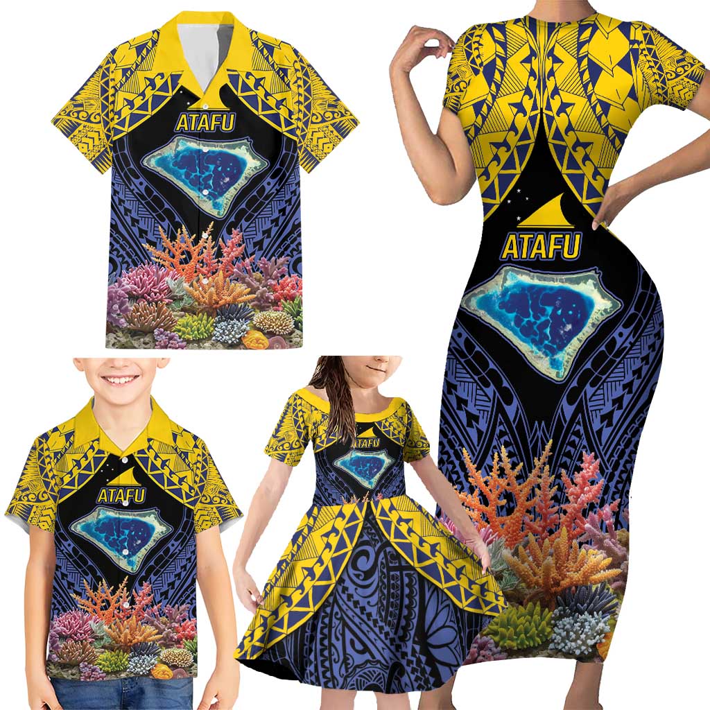 Tokelau Atafu Atoll Personalised Family Matching Short Sleeve Bodycon Dress and Hawaiian Shirt Pacific Coral Reef Vibe