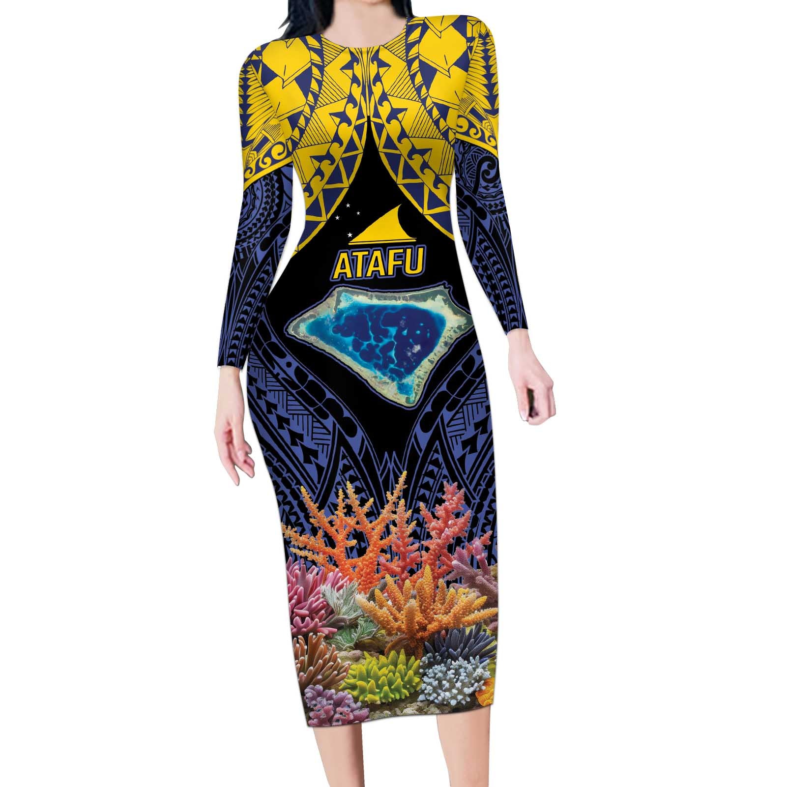 Tokelau Atafu Atoll Personalised Long Sleeve Bodycon Dress Pacific Coral Reef Vibe