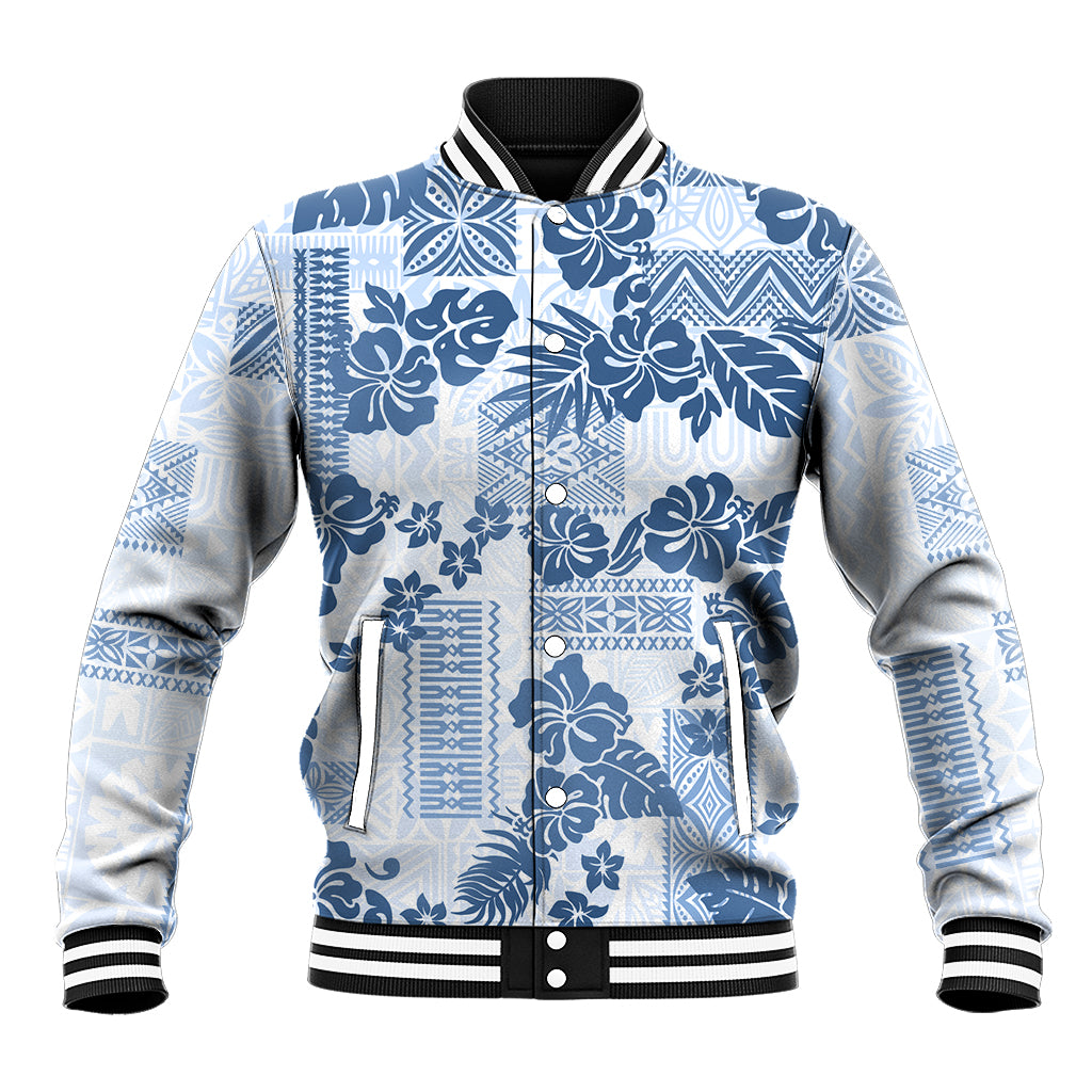 Vintage Hawaii Baseball Jacket Hibiscus Tapa Tribal With Hawaiian Quilt Pattern Blue LT9 Unisex Blue - Polynesian Pride