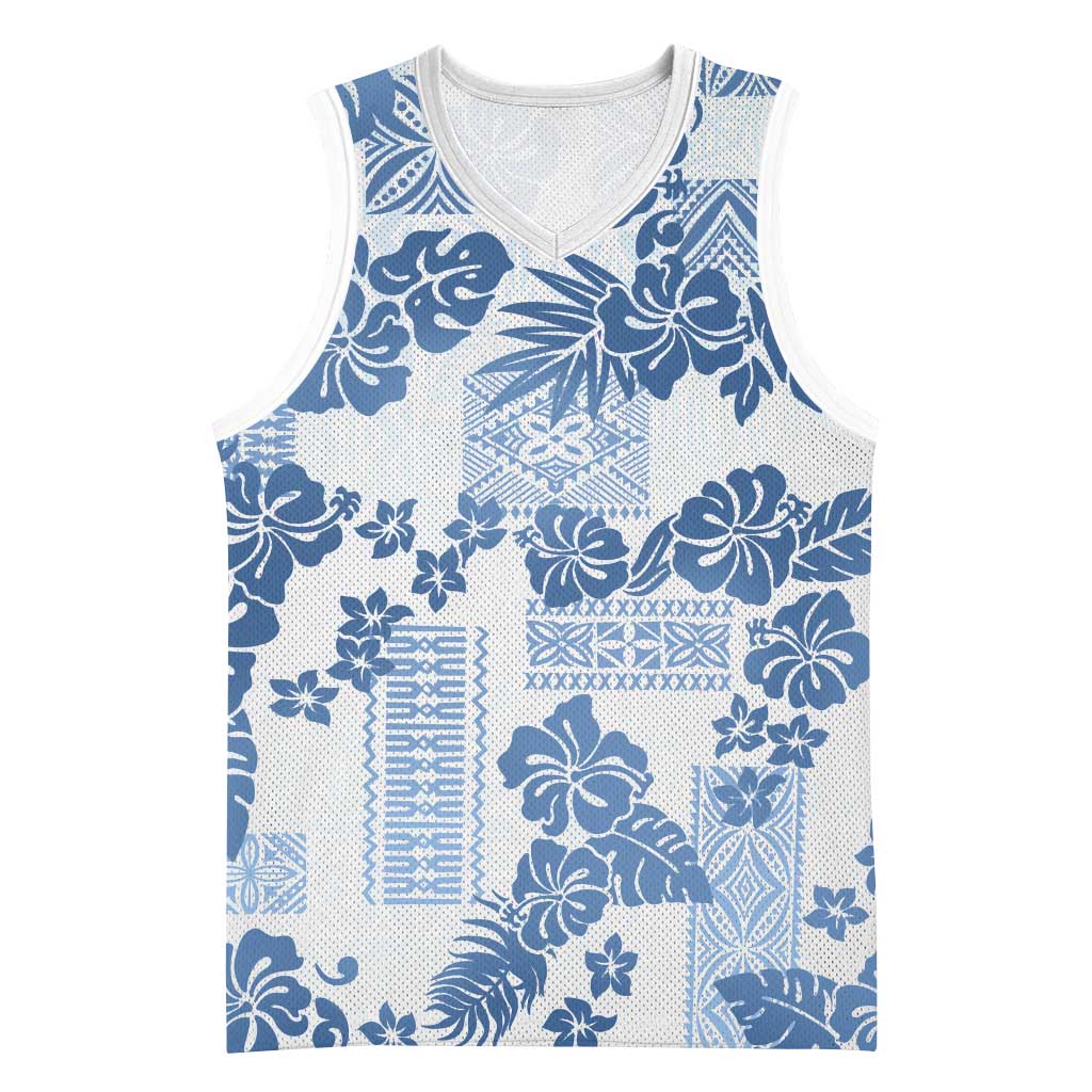 Vintage Hawaii Basketball Jersey Hibiscus Tapa Tribal With Hawaiian Quilt Pattern Blue - Polynesian Pride
