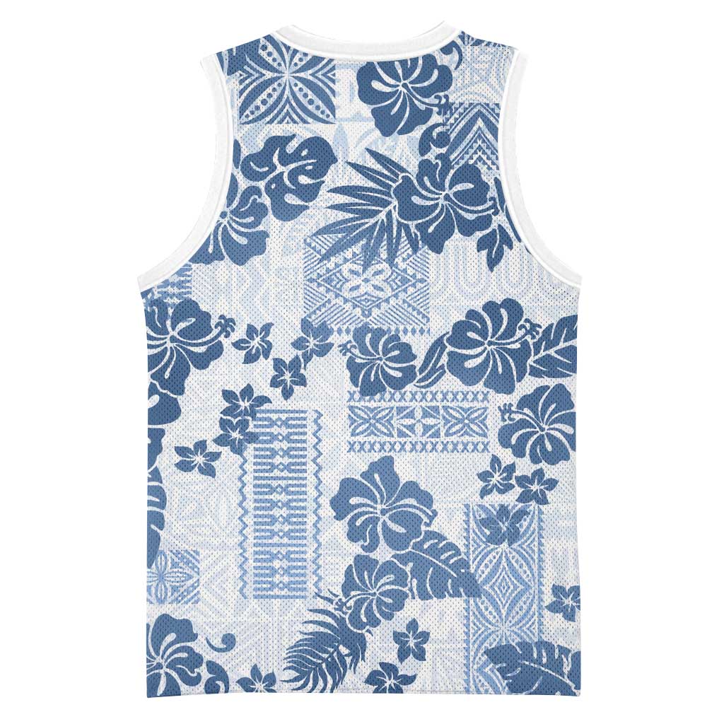 Vintage Hawaii Basketball Jersey Hibiscus Tapa Tribal With Hawaiian Quilt Pattern Blue - Polynesian Pride