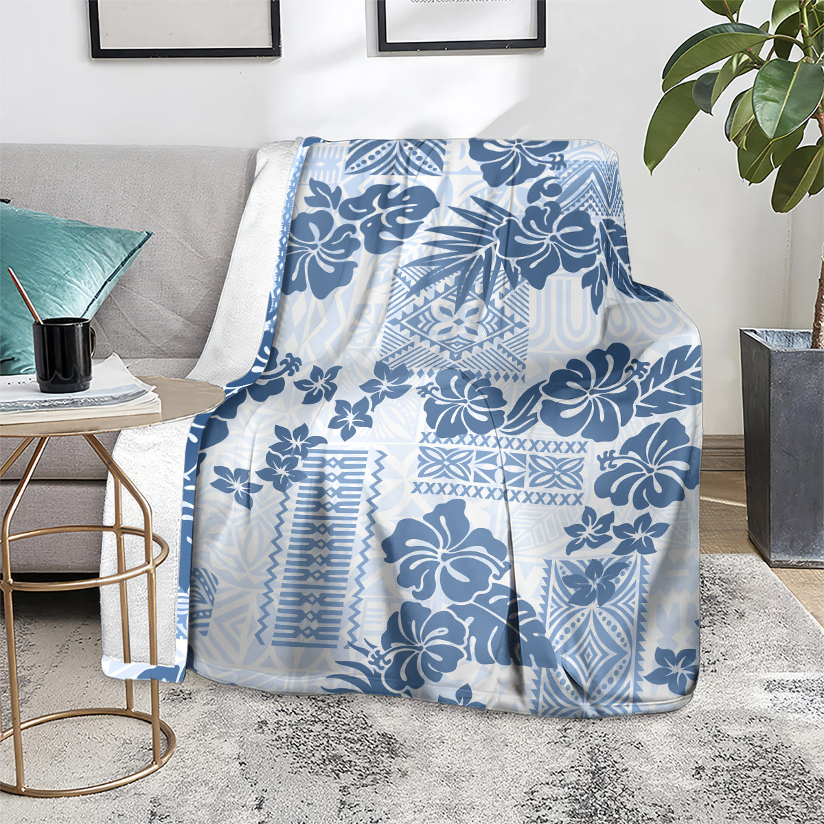 Vintage Hawaii Blanket Hibiscus Tapa Tribal With Hawaiian Quilt Pattern Blue LT9 - Polynesian Pride