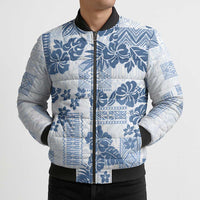Vintage Hawaii Bomber Puffer Jacket Hibiscus Tapa Tribal With Hawaiian Quilt Pattern Blue - Polynesian Pride