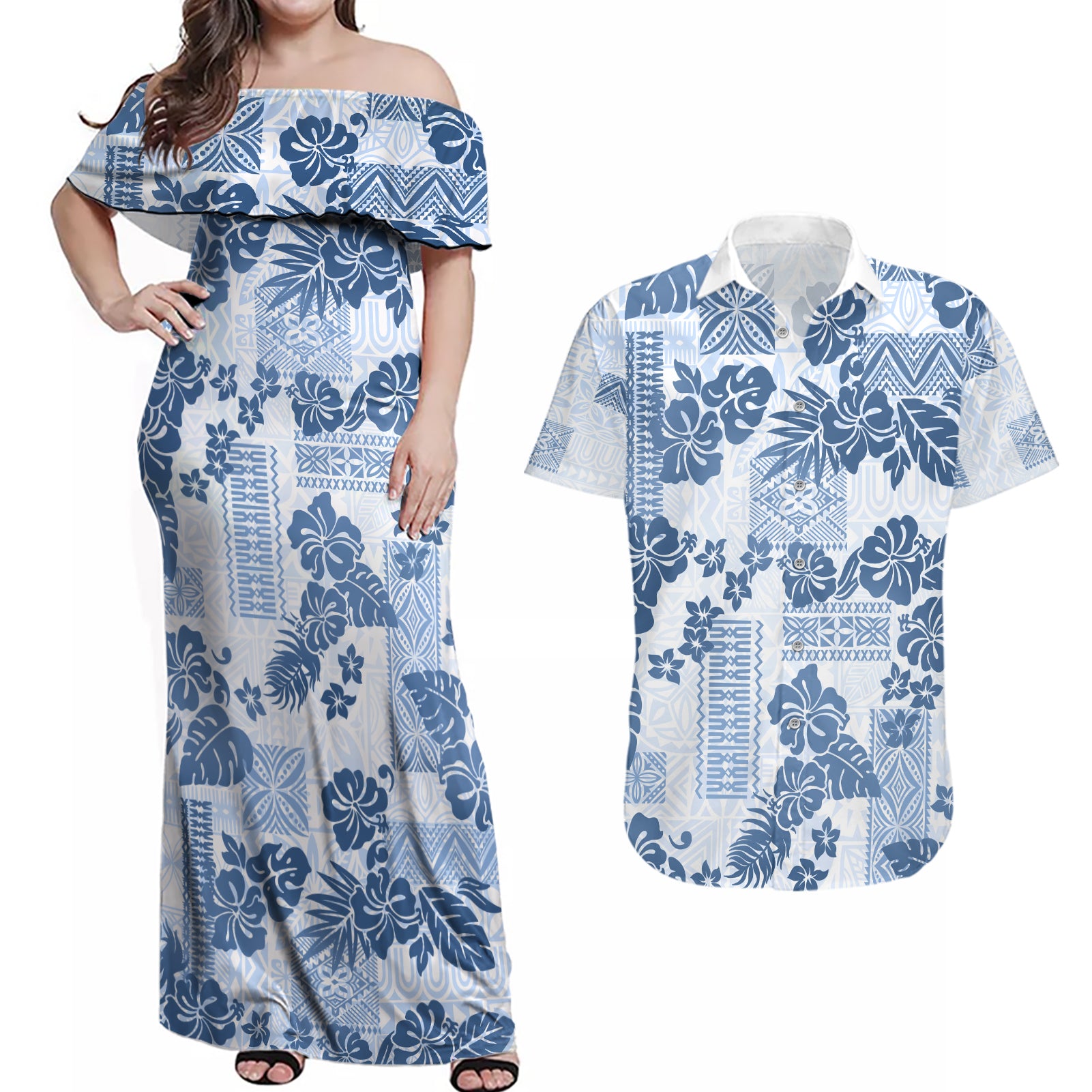 Vintage Hawaii Couples Matching Off Shoulder Maxi Dress and Hawaiian Shirt Hibiscus Tapa Tribal With Hawaiian Quilt Pattern Blue LT9 Blue - Polynesian Pride