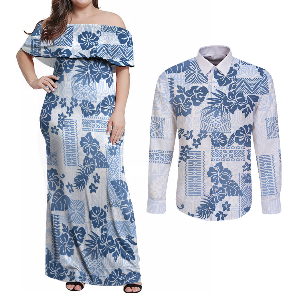 Vintage Hawaii Couples Matching Off Shoulder Maxi Dress and Long Sleeve Button Shirt Hibiscus Tapa Tribal With Hawaiian Quilt Pattern Blue LT9 Blue - Polynesian Pride