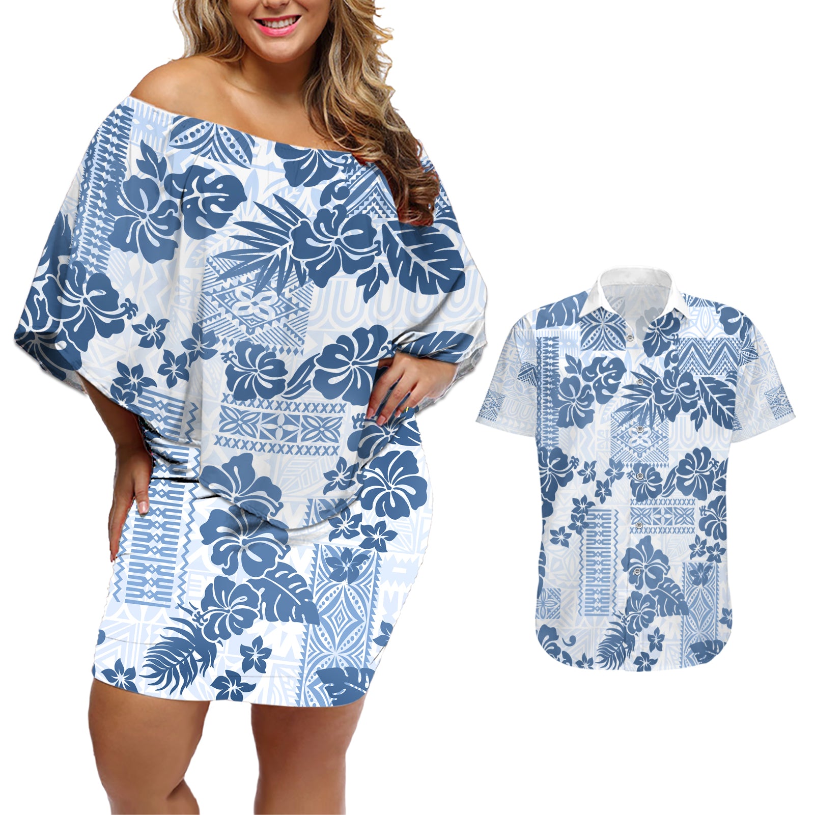 Vintage Hawaii Couples Matching Off Shoulder Short Dress and Hawaiian Shirt Hibiscus Tapa Tribal With Hawaiian Quilt Pattern Blue LT9 Blue - Polynesian Pride