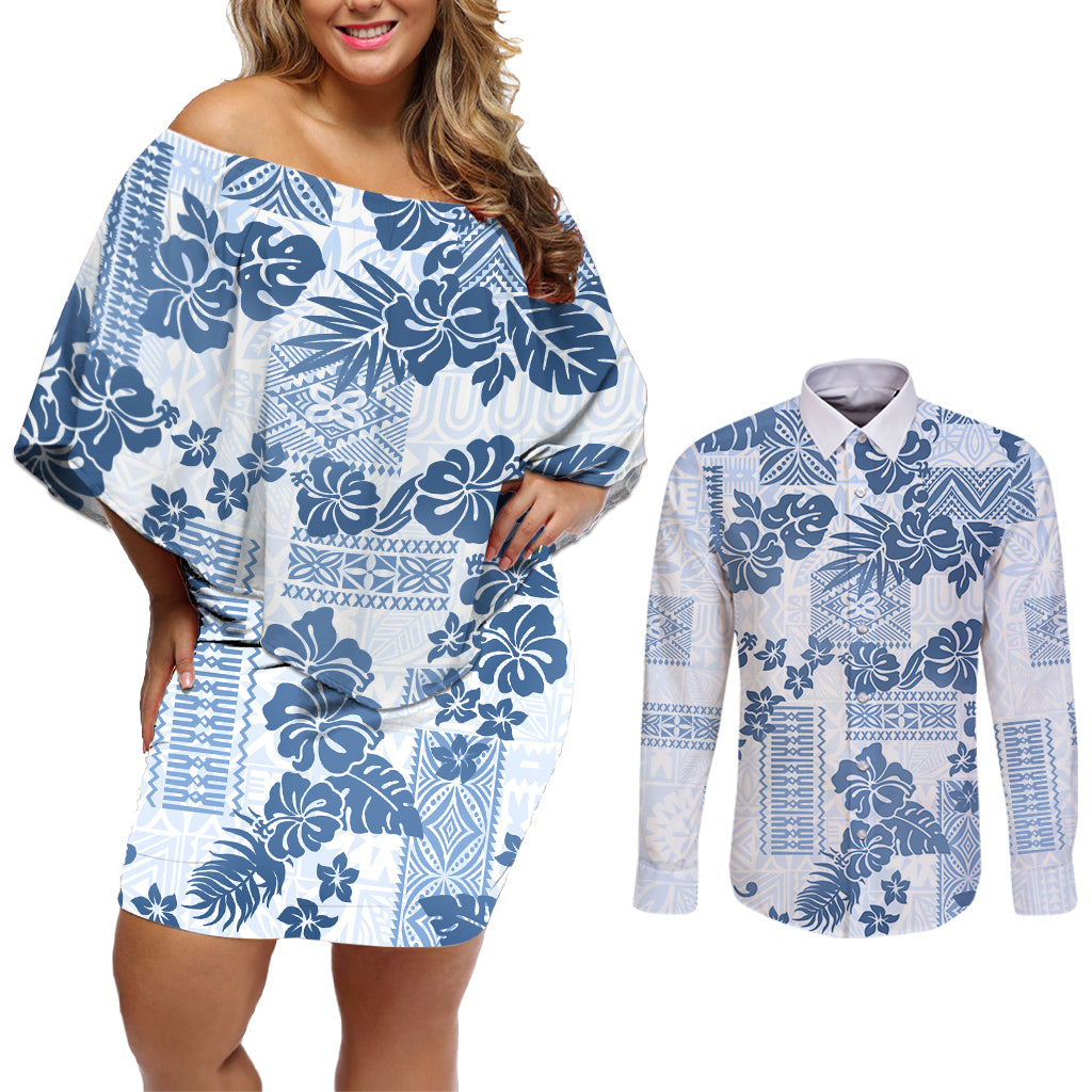 Vintage Hawaii Couples Matching Off Shoulder Short Dress and Long Sleeve Button Shirt Hibiscus Tapa Tribal With Hawaiian Quilt Pattern Blue LT9 Blue - Polynesian Pride