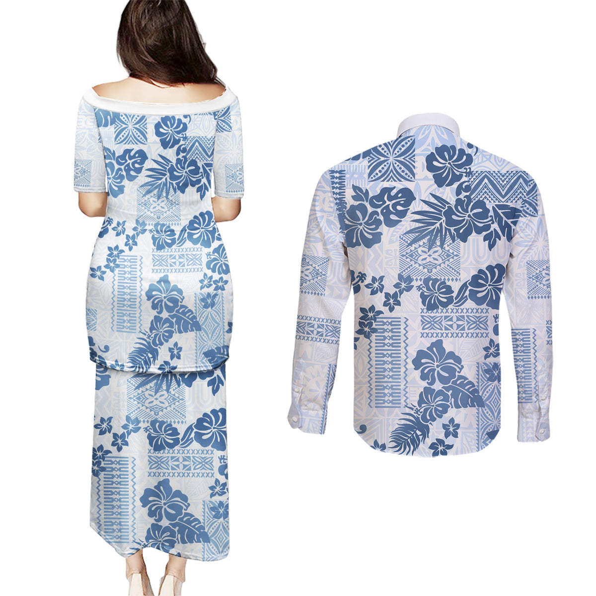Vintage Hawaii Couples Matching Puletasi Dress and Long Sleeve Button Shirt Hibiscus Tapa Tribal With Hawaiian Quilt Pattern Blue LT9 - Polynesian Pride