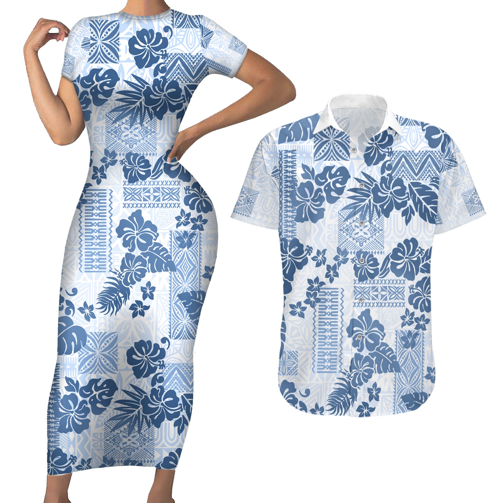 Vintage Hawaii Couples Matching Short Sleeve Bodycon Dress and Hawaiian Shirt Hibiscus Tapa Tribal With Hawaiian Quilt Pattern Blue LT9 Blue - Polynesian Pride