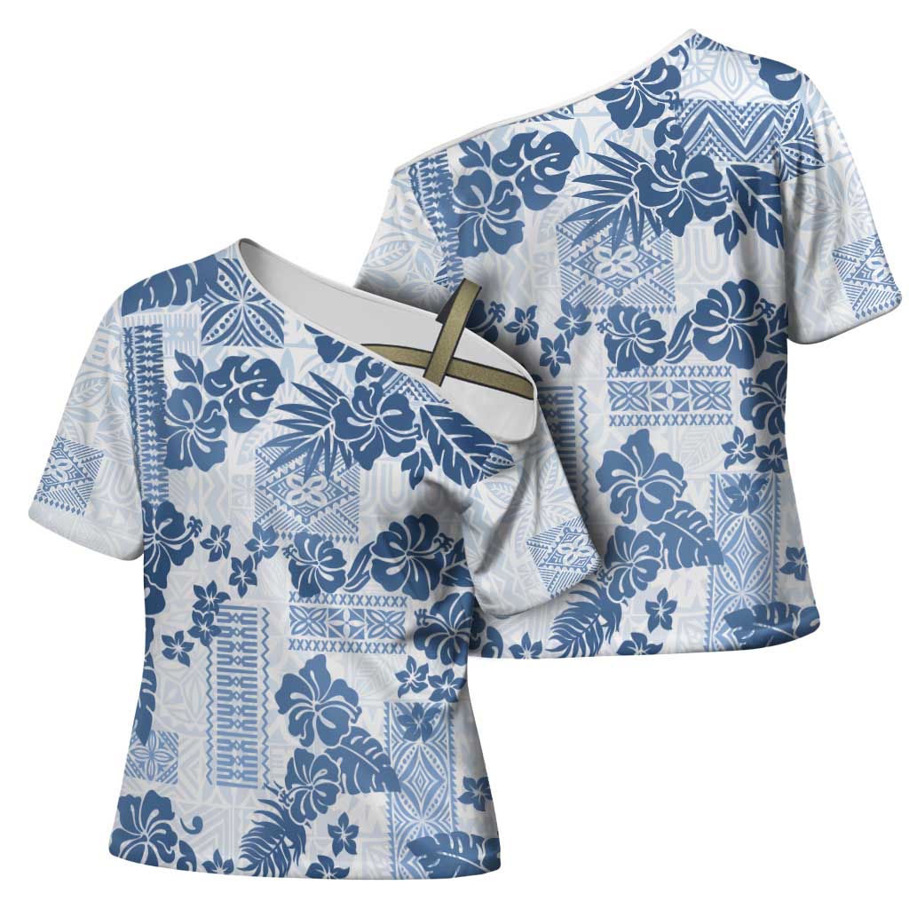 Vintage Hawaii Cross Shoulder Shirt Hibiscus Tapa Tribal With Hawaiian Quilt Pattern Blue - Polynesian Pride