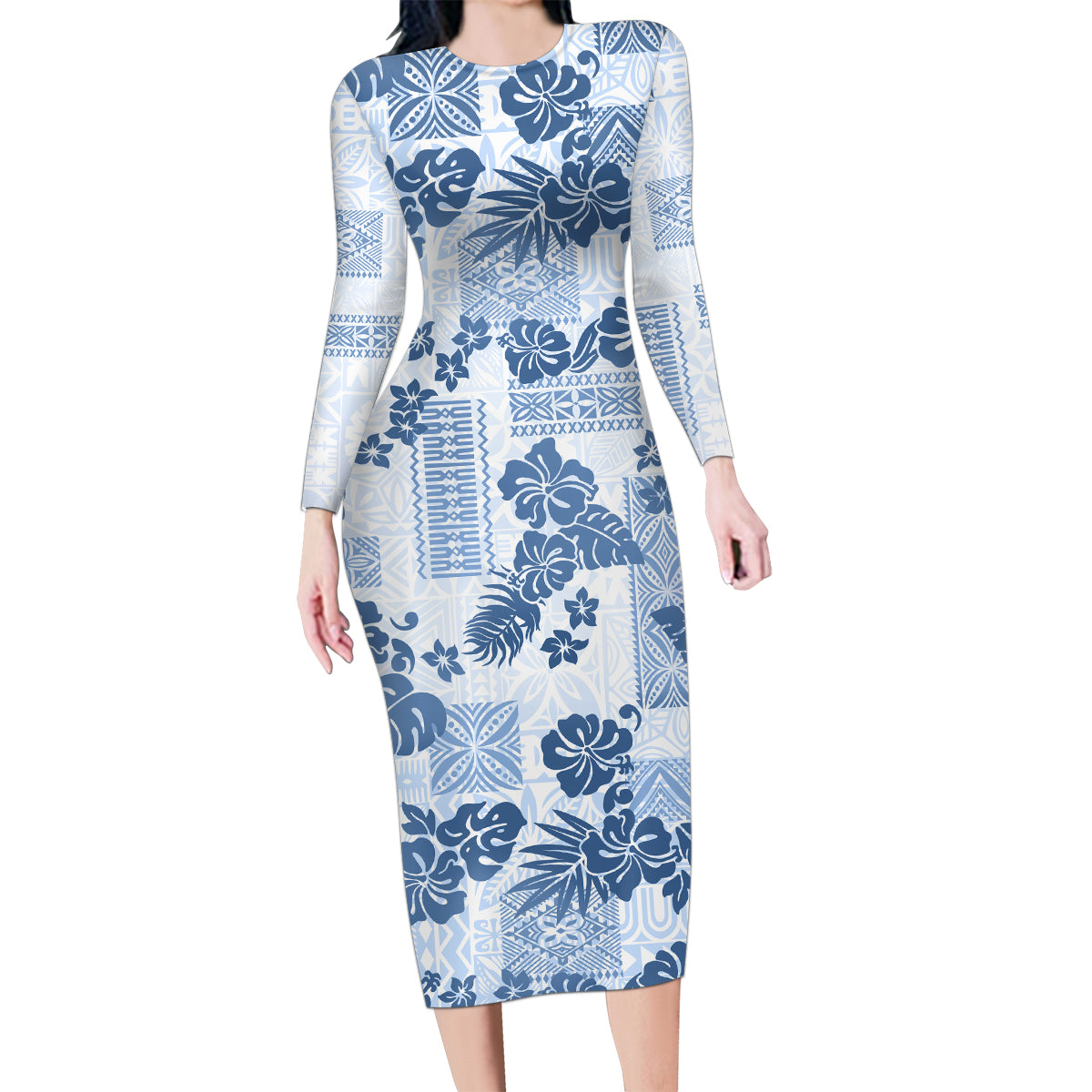 Vintage Hawaii Family Matching Long Sleeve Bodycon Dress and Hawaiian Shirt Hibiscus Tapa Tribal With Hawaiian Quilt Pattern Blue LT9 Mom's Dress Blue - Polynesian Pride