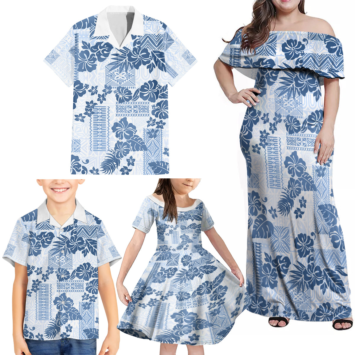 Vintage Hawaii Family Matching Off Shoulder Maxi Dress and Hawaiian Shirt Hibiscus Tapa Tribal With Hawaiian Quilt Pattern Blue LT9 - Polynesian Pride