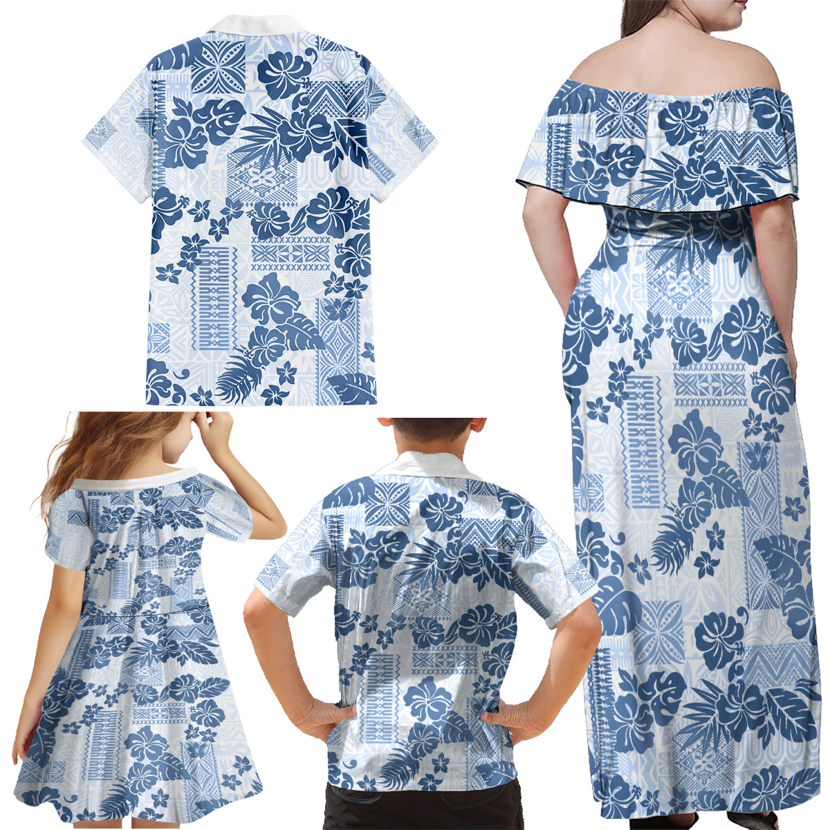 Vintage Hawaii Family Matching Off Shoulder Maxi Dress and Hawaiian Shirt Hibiscus Tapa Tribal With Hawaiian Quilt Pattern Blue LT9 - Polynesian Pride