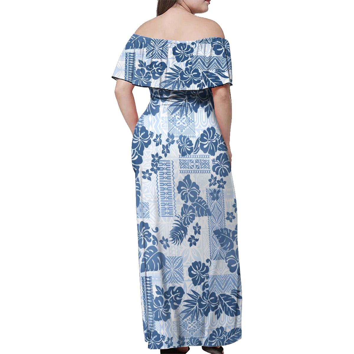 Vintage Hawaii Family Matching Off Shoulder Maxi Dress and Hawaiian Shirt Hibiscus Tapa Tribal With Hawaiian Quilt Pattern Blue LT9 - Polynesian Pride