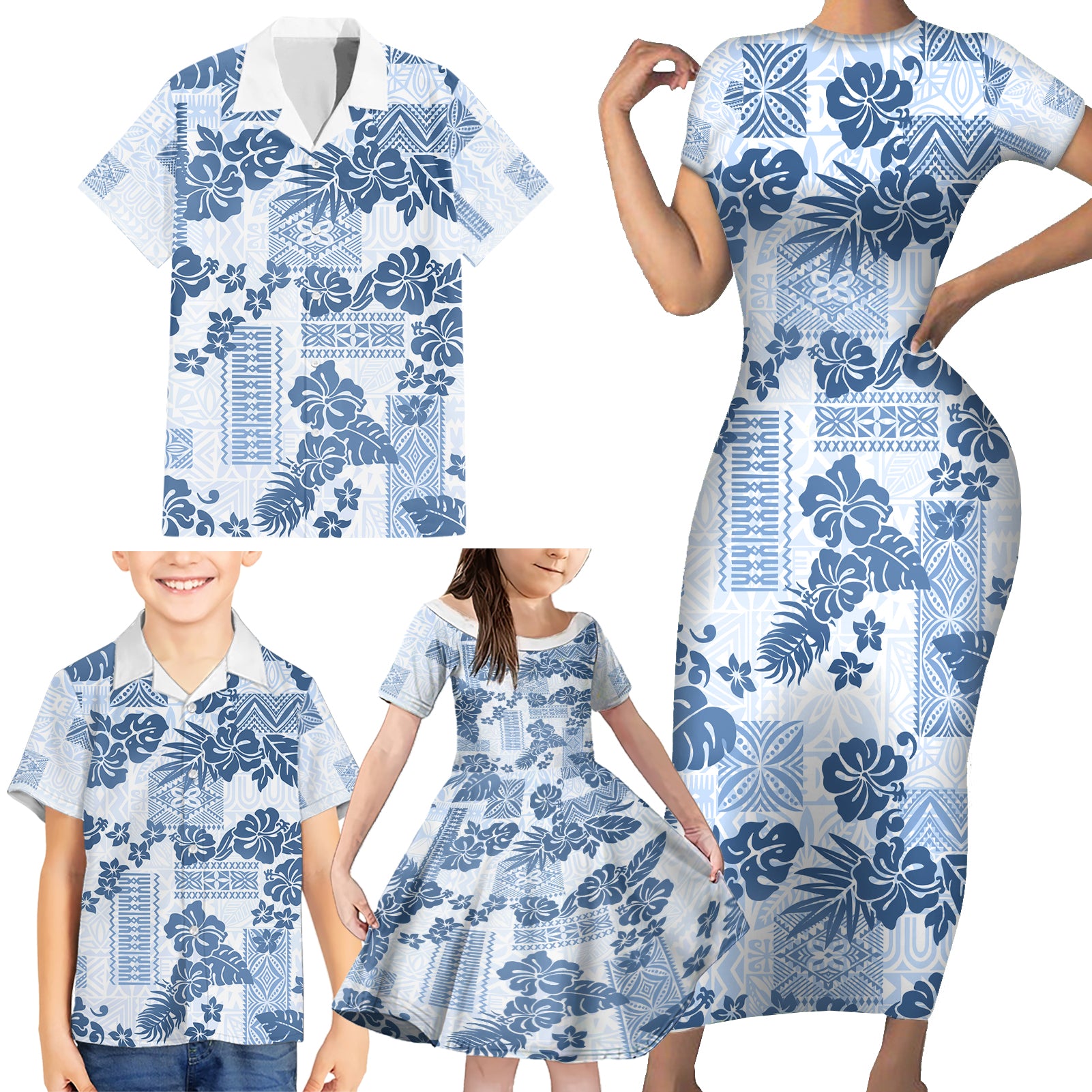 Vintage Hawaii Family Matching Short Sleeve Bodycon Dress and Hawaiian Shirt Hibiscus Tapa Tribal With Hawaiian Quilt Pattern Blue LT9 - Polynesian Pride