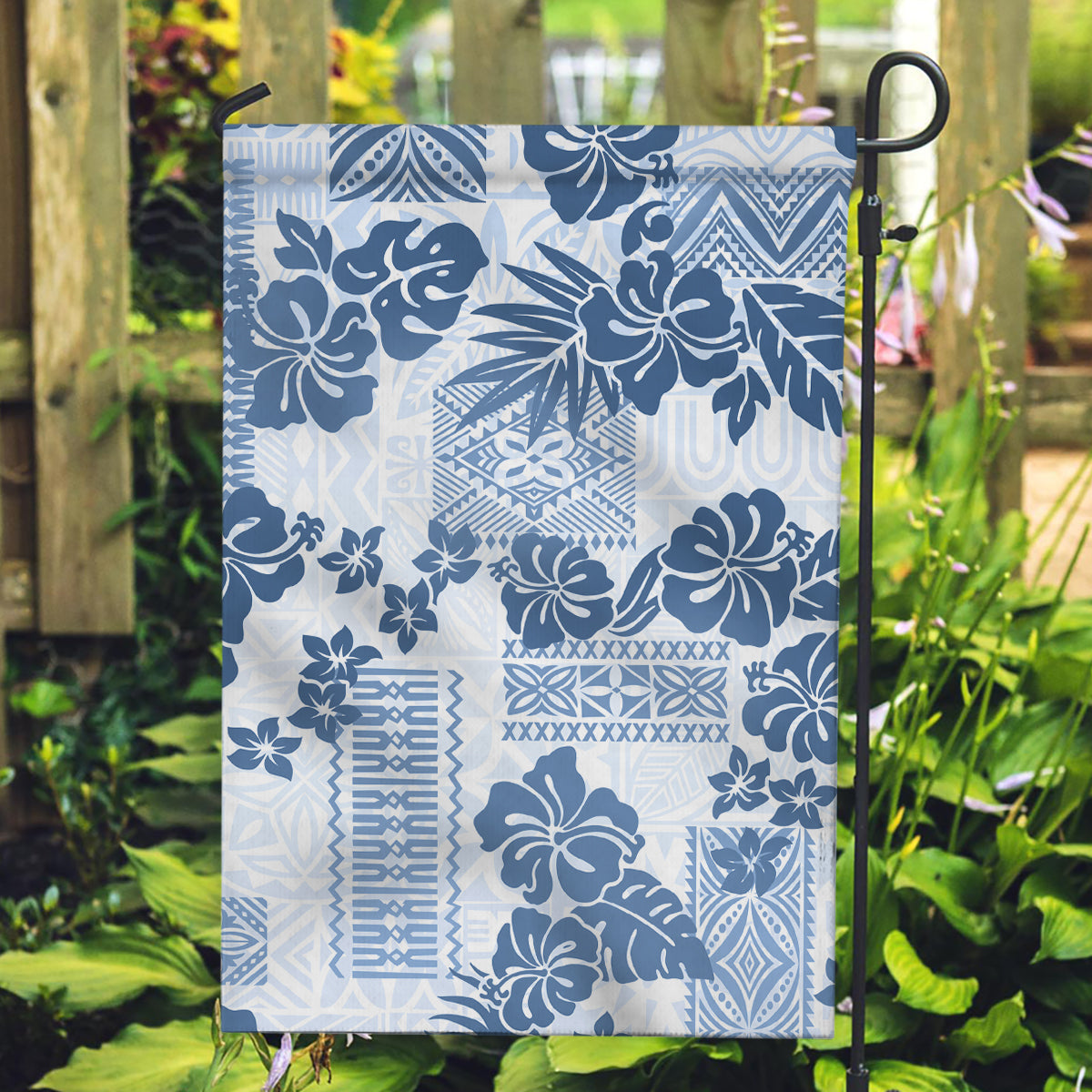 Vintage Hawaii Garden Flag Hibiscus Tapa Tribal With Hawaiian Quilt Pattern Blue LT9 Garden Flag Blue - Polynesian Pride