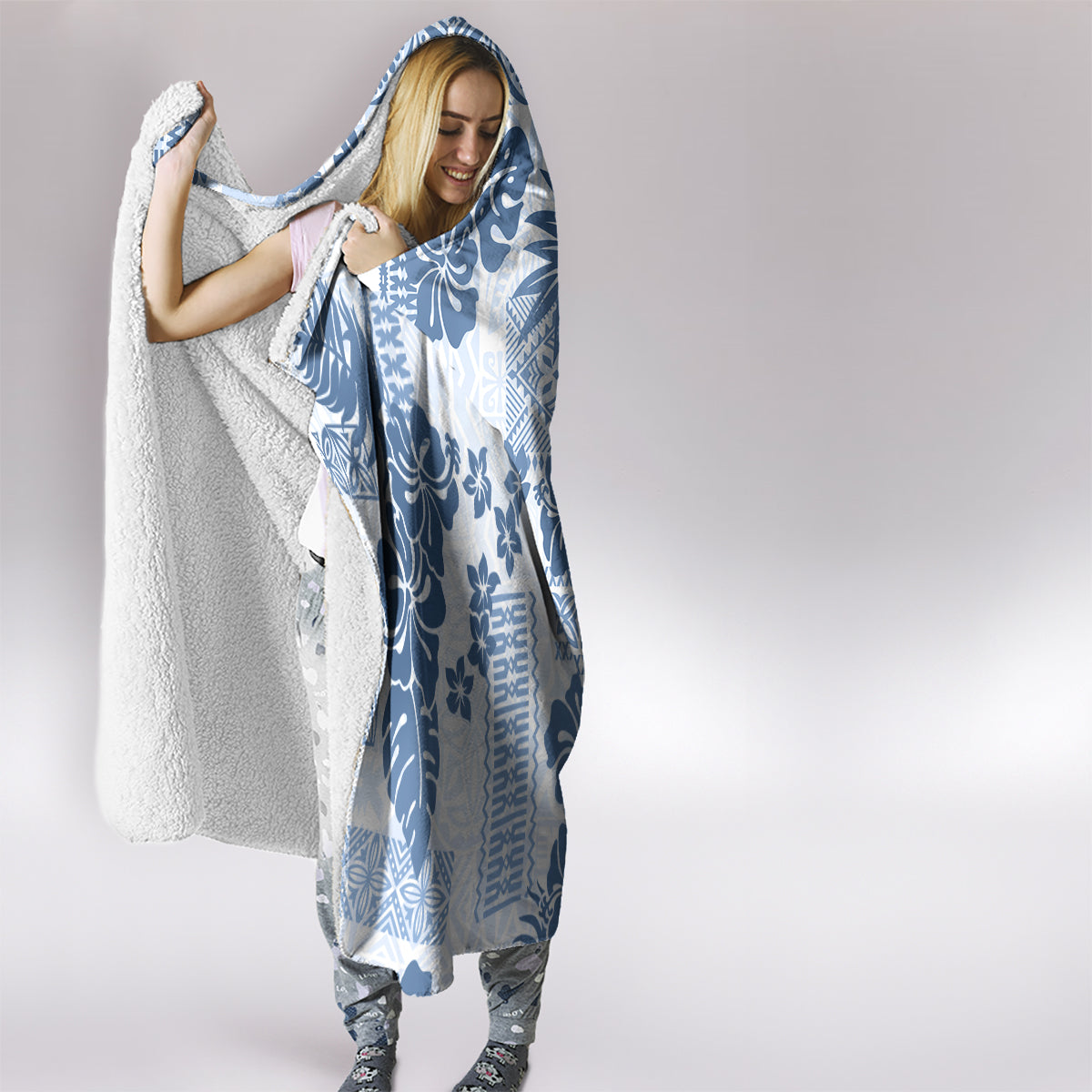 Vintage Hawaii Hooded Blanket Hibiscus Tapa Tribal With Hawaiian Quilt Pattern Blue LT9 - Polynesian Pride