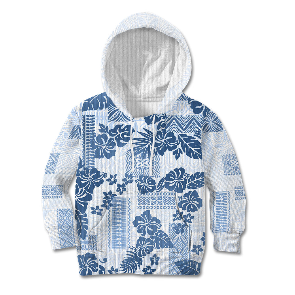 Vintage Hawaii Kid Hoodie Hibiscus Tapa Tribal With Hawaiian Quilt Pattern Blue LT9 Hoodie Blue - Polynesian Pride