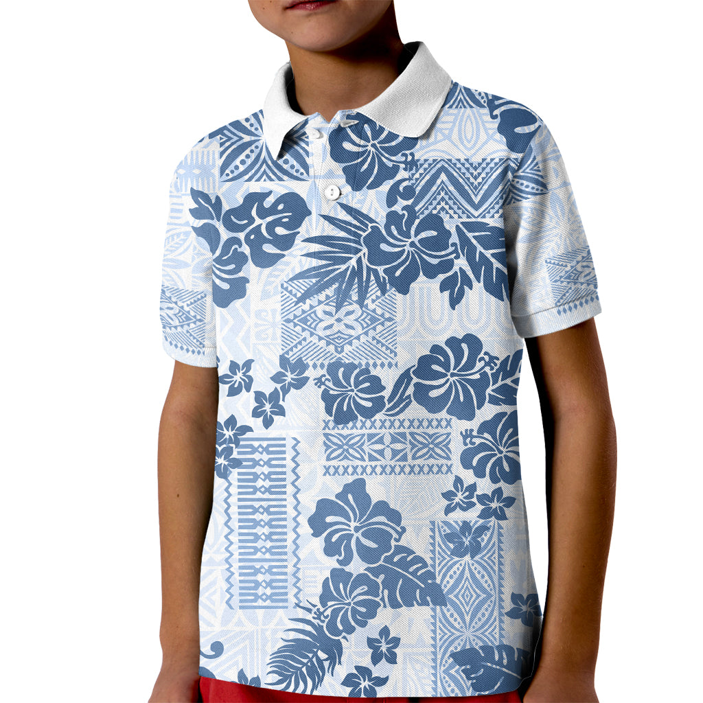 Vintage Hawaii Kid Polo Shirt Hibiscus Tapa Tribal With Hawaiian Quilt Pattern Blue LT9 Kid Blue - Polynesian Pride