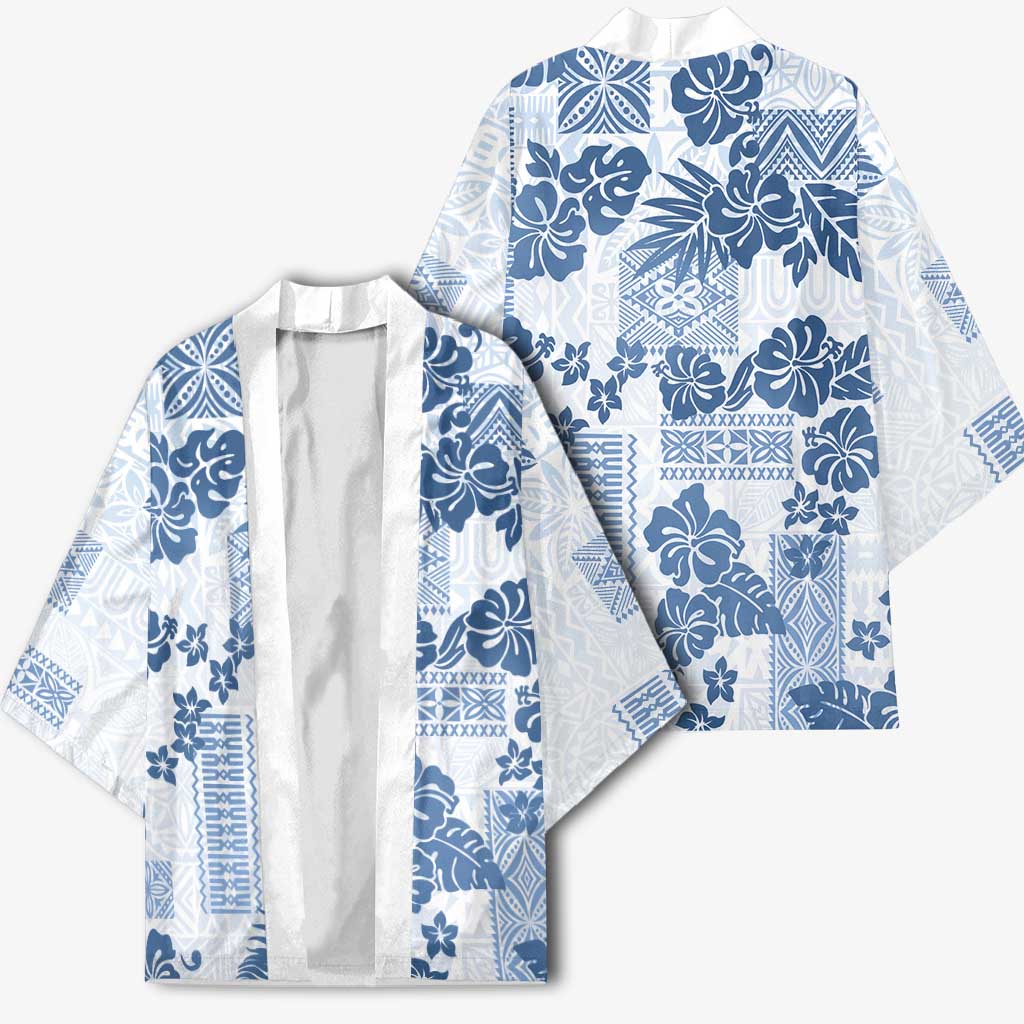 Vintage Hawaii Kimono Hibiscus Tapa Tribal With Hawaiian Quilt Pattern Blue - Polynesian Pride