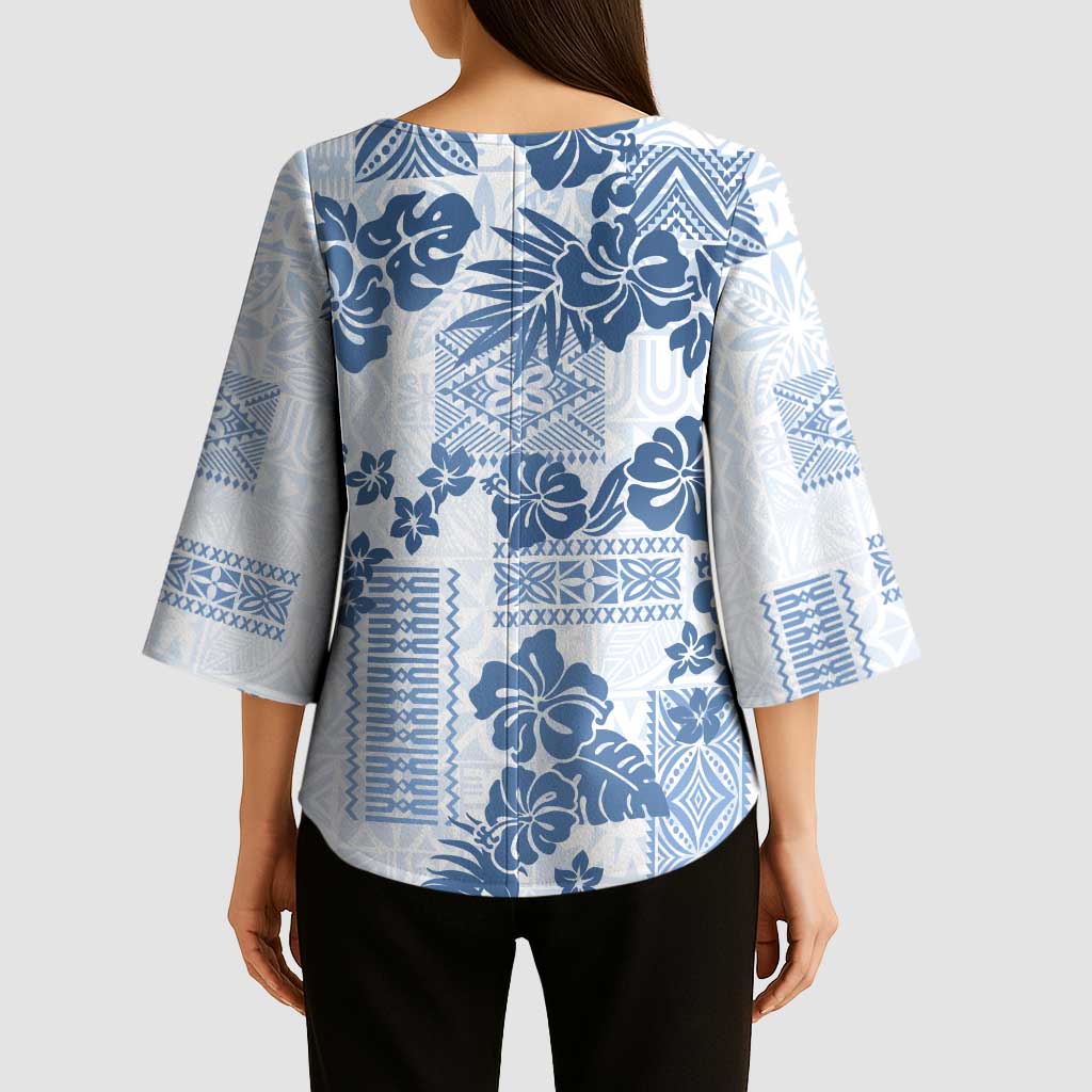 Vintage Hawaii Kimono Sleeve Blouse Hibiscus Tapa Tribal With Hawaiian Quilt Pattern Blue - Polynesian Pride