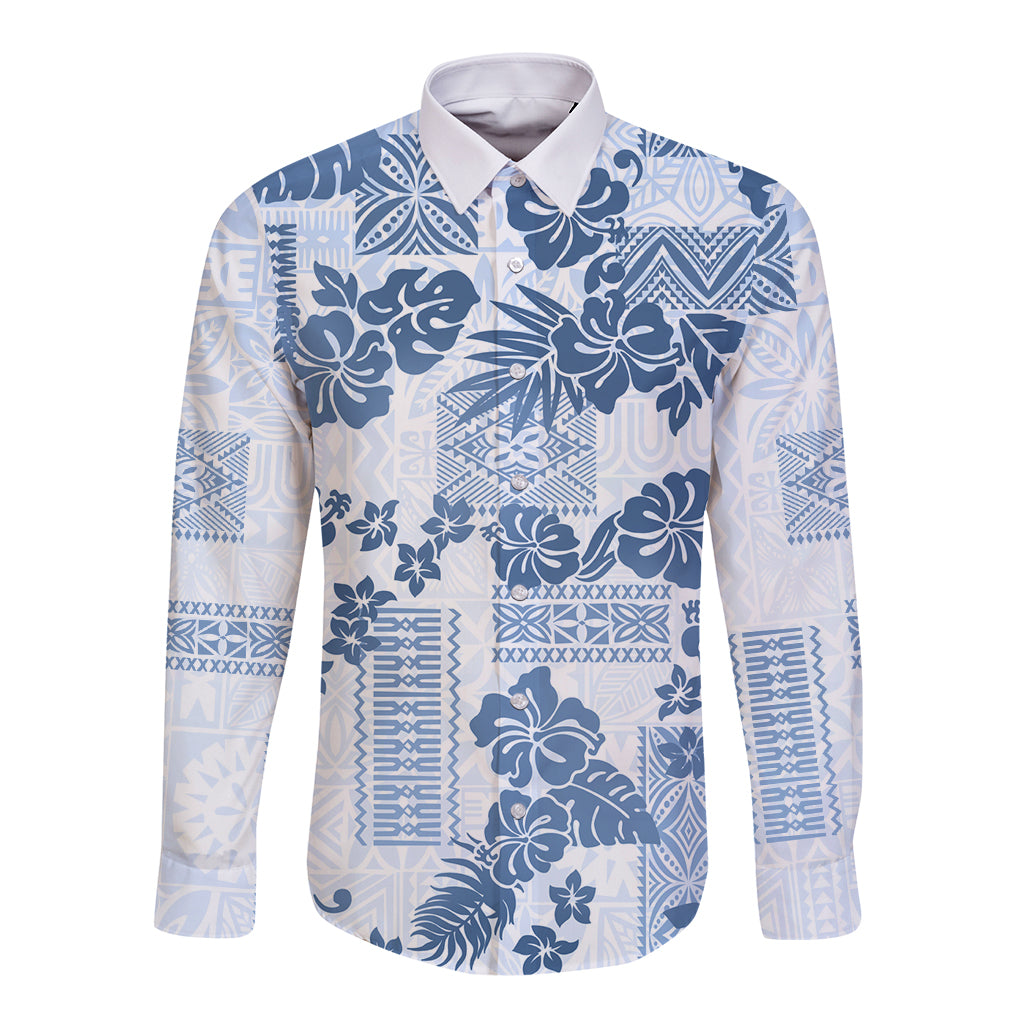 Vintage Hawaii Long Sleeve Button Shirt Hibiscus Tapa Tribal With Hawaiian Quilt Pattern Blue LT9 Unisex Blue - Polynesian Pride