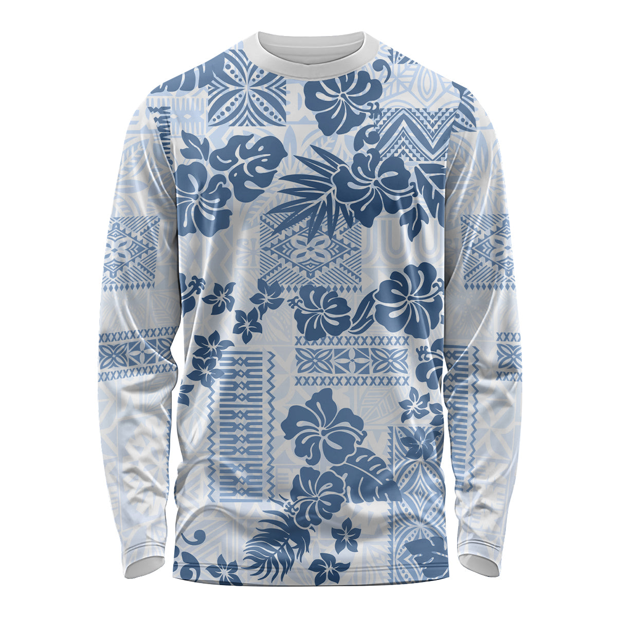 Vintage Hawaii Long Sleeve Shirt Hibiscus Tapa Tribal With Hawaiian Quilt Pattern Blue LT9 Unisex Blue - Polynesian Pride