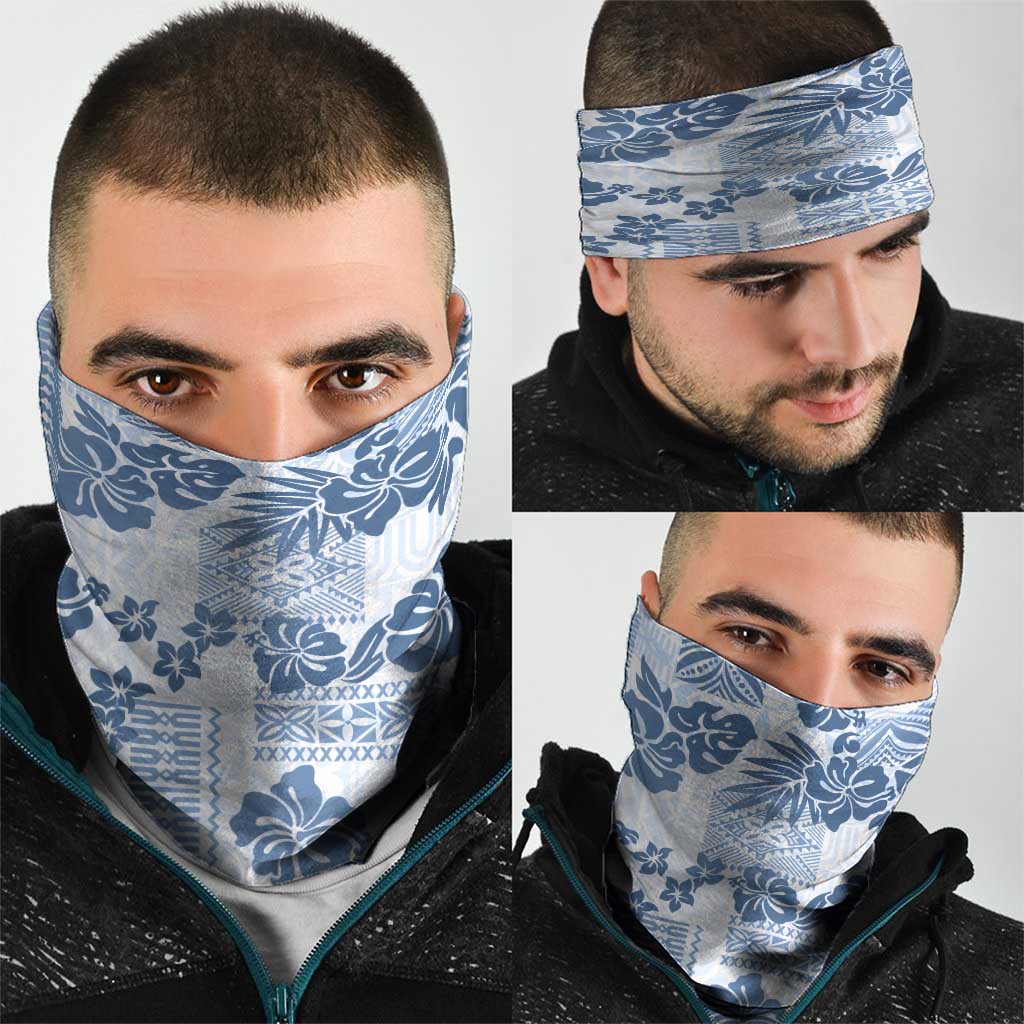 Vintage Hawaii Neck Gaiter Hibiscus Tapa Tribal With Hawaiian Quilt Pattern Blue - Polynesian Pride