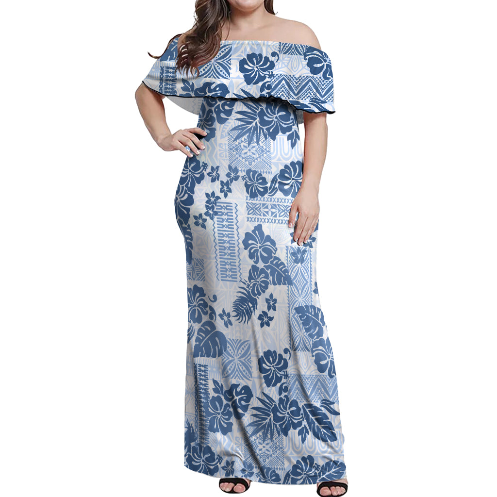 Vintage Hawaii Off Shoulder Maxi Dress Hibiscus Tapa Tribal With Hawaiian Quilt Pattern Blue LT9 Women Blue - Polynesian Pride