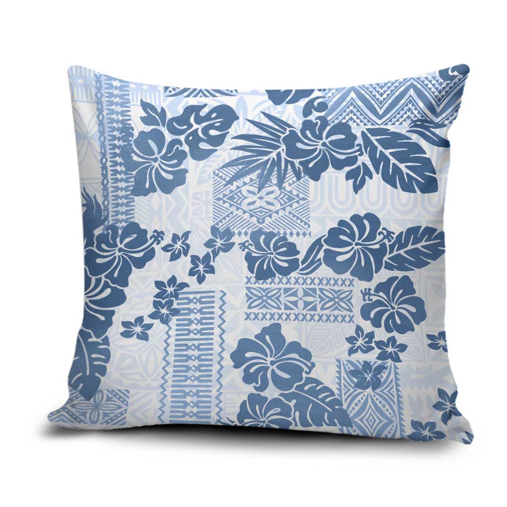 Vintage Hawaii Pillow Cover Hibiscus Tapa Tribal With Hawaiian Quilt Pattern Blue - Polynesian Pride