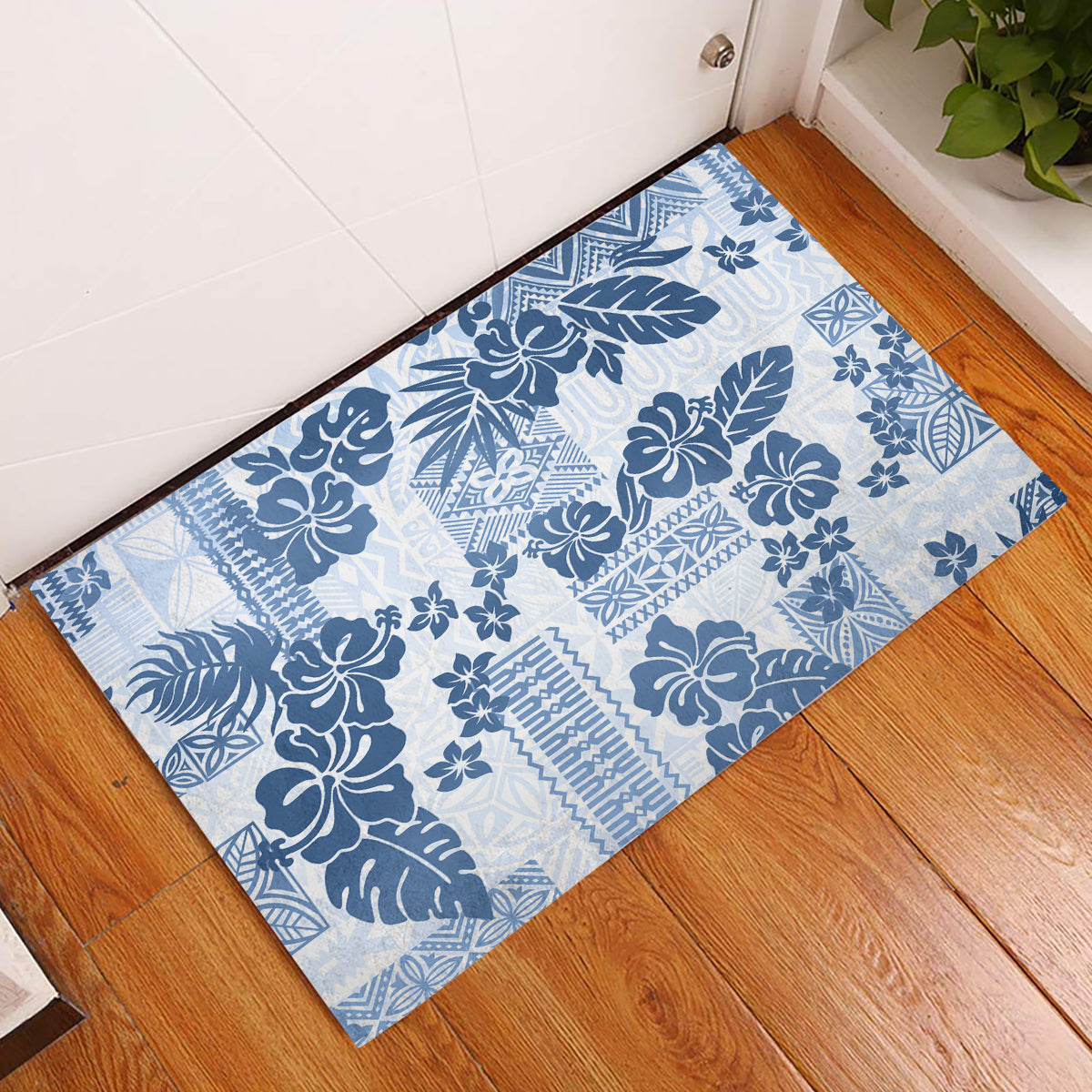 Vintage Hawaii Rubber Doormat Hibiscus Tapa Tribal With Hawaiian Quilt Pattern Blue LT9 Blue - Polynesian Pride